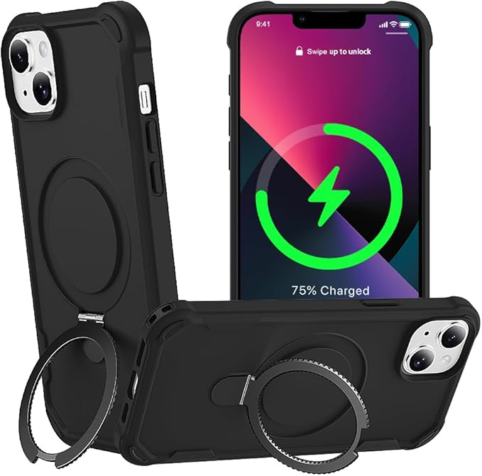 Designed for iPhone 13 Case with Magnetic Stand [Military Drop Protection][Compatible with Magnet] Shockproof 13 Phone Case with Ring Holder, Black