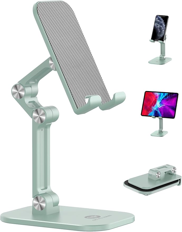 OCYCLONE Phone Stand, Adjustable Height and Angle Foldable Cell Phone Stand Holder for Desk, Taller iPhone Stand Compatible with 4.7"-13" Smartphones iPad Tablet, Light Green