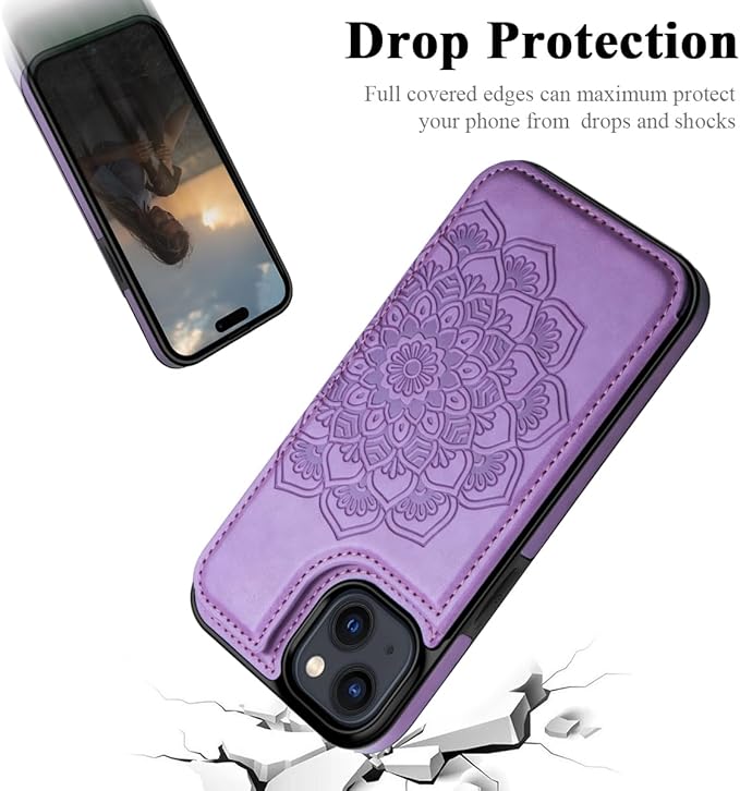 MMHUO for iPhone 15 Plus Case with Card Holder,Flower Magnetic Buttons Protective Wallet Case for Women for iPhone 15 Plus,Purple