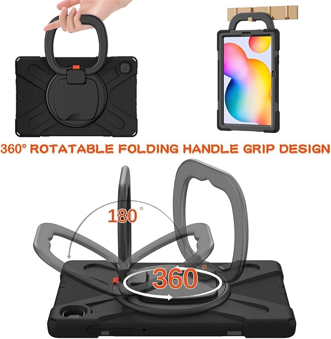 360 Rotation Case for Samsung Galaxy Tab S6 Lite 10.4" Sturdy Cover Rotate Ring Stand Shoulder Carrying Strap Hand Strap Rugged Children Adults Outdoor Case (Black)