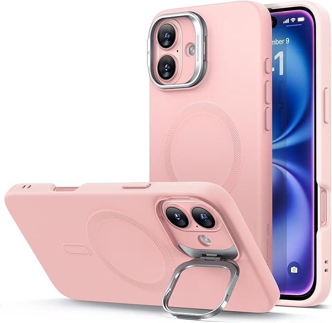 ESR for iPhone 16 Case, Silicone Case with Stand, Compatible with, Military-Grade Protection, Built-in Camera Stash Stand, Magnetic Phone Case for iPhone 16, Cloud Series, Pink
