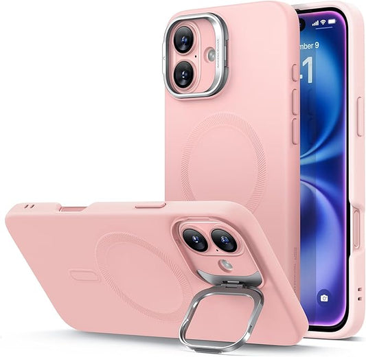 ESR for iPhone 16 Case, Silicone Case with Stand, Compatible with, Military-Grade Protection, Built-in Camera Stash Stand, Magnetic Phone Case for iPhone 16, Cloud Series, Pink