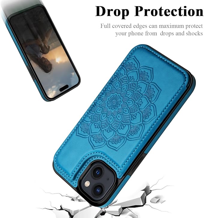 MMHUO for iPhone 15 Plus Case with Card Holder,Flower Magnetic Buttons Protective Wallet Case for Women for iPhone 15 Plus,Blue
