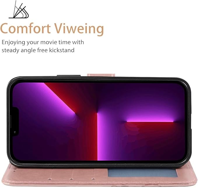 for iPhone 13 Case, iPhone 14 Wallet Case with Tempered Glass Screen Protector, Flower Leather Flip Protective Case Credit Card Holder Stand Phone Cover for iPhone 14 Rose Gold