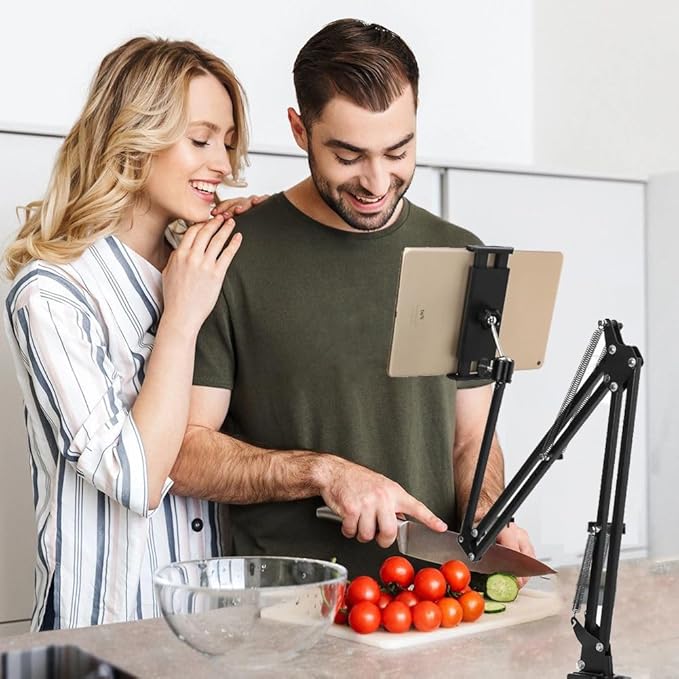 Tablet Stand Holder for Bed,White Folding Tablet Holder for Desk,Flexible Tablet Arm Clamp Compatible with iPad/iPhone15/iPad Pro/N-Switch,Kindle Fire,or Others 4.5~12.9 Inch