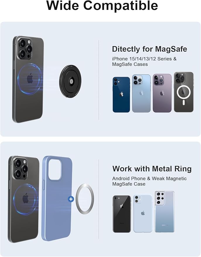 EWA MagOne Ultra (Plate Edition) Phone Grip Stand with Leather Finger Strap, Removable Magnetic Ring Holder Kickstand Loop, Double-Sided Magnetic Accessories for Phone-Black