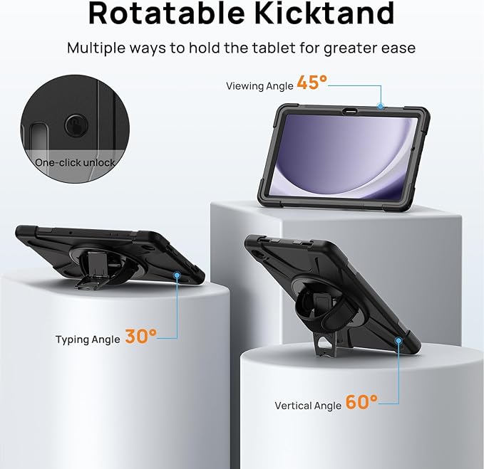 Gerutek Case for Samsung Galaxy Tab A9+/ A9 Plus Case 11" 2023, Full-Body Drop Protection Shockproof Cover with Screen Protector, 360° Rotating Stand, Hand/Shoulder Strap, Pencil Holder, Black