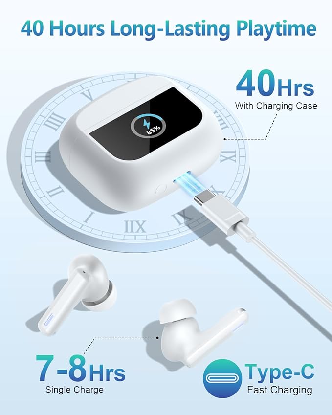 Wireless Earbuds Bluetooth Headphones, Ear Buds with Touch Screen, ANC ENC Noise Cancelling Transparency Mode, 40H Stereo Deep Bass, IPX7 Waterproof, Clear Calls, 5 EQ for iOS Android (White)