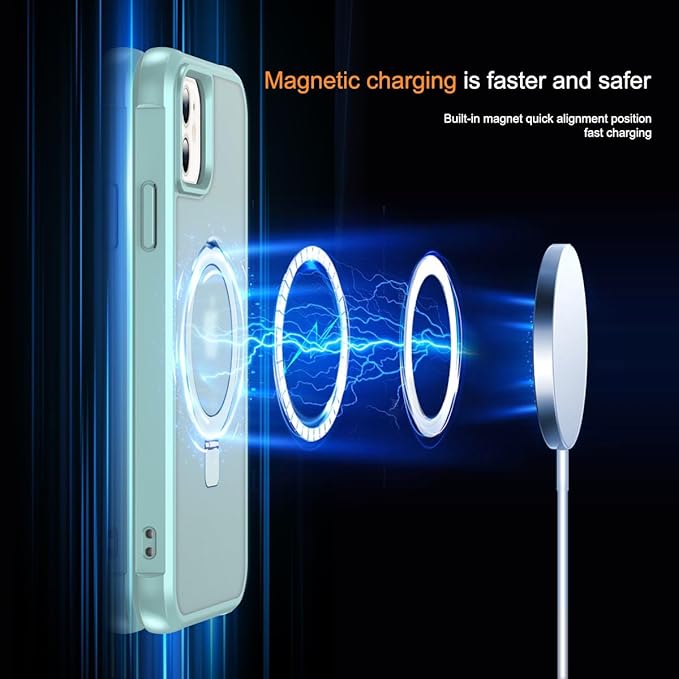 Magnetic Compatible with iPhone 12/12 Pro Case with Stand [Military Grade Drop Tested][Compatible with Magnet] Ring Translucent Slim Hard Back Soft Edge, Teal Green