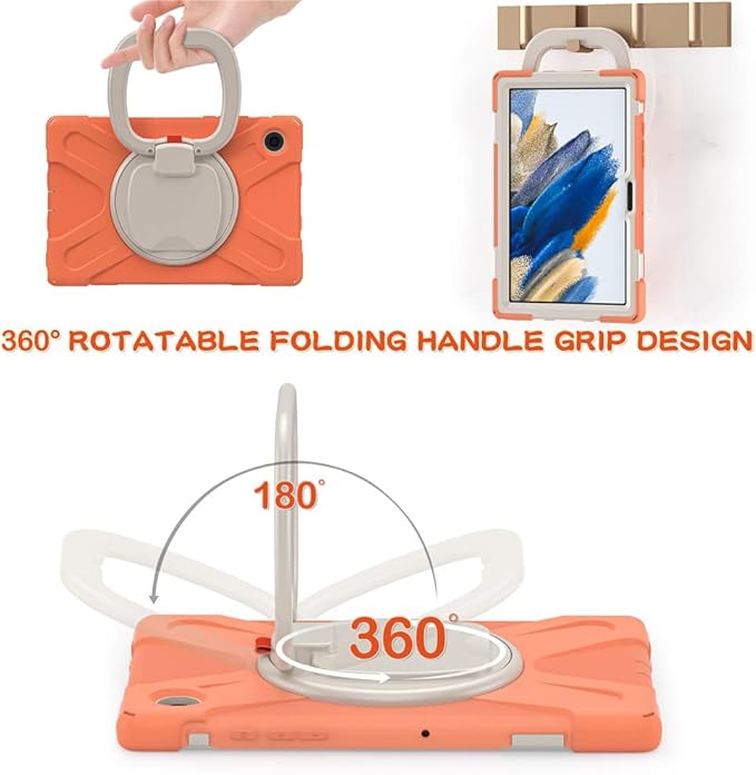 360 Rotatable Galaxy Tab A8 10.5" Case Sturdy Cover Rotate Ring Stand Shoulder Carrying Strap Hand Strap Rugged Children Adults Outdoor Case, Orange