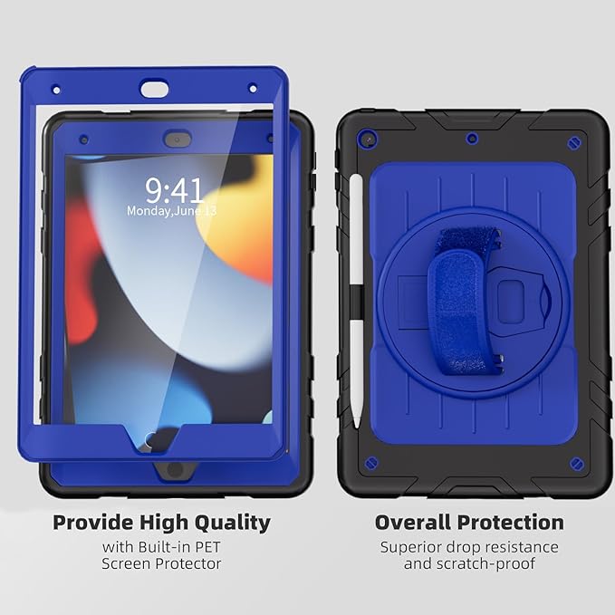 Case for iPad 9th/8th/7th Generation-Built-in Screen Protector,with Pencil Holder&360°Rotating Hand Strap,Shoulder Strap,Case for iPad 10.2 inch 2021-2019(Black/Blue)