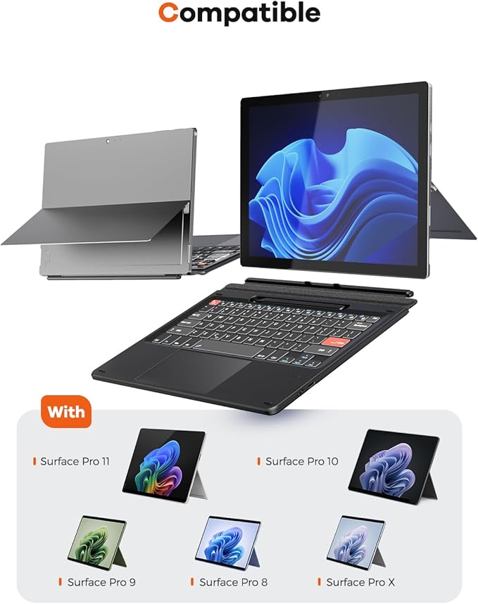 Doohoeek Surface Pro 11/10/9/8/X 13 Inch Keyboard, Bluetooth Keyboard with Touch Pad & Pen Slot & Lighting Keys Compatible with Surface Pro 13" Copilot+, Ultra-Slim Wireless Keypad for Windows 11