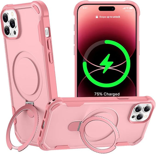 Designed for iPhone 14 Pro Case with Magnetic Stand [Military Drop Protection][Compatible with Magnet] Shockproof 14 Pro Phone Case with Ring Holder, Pink