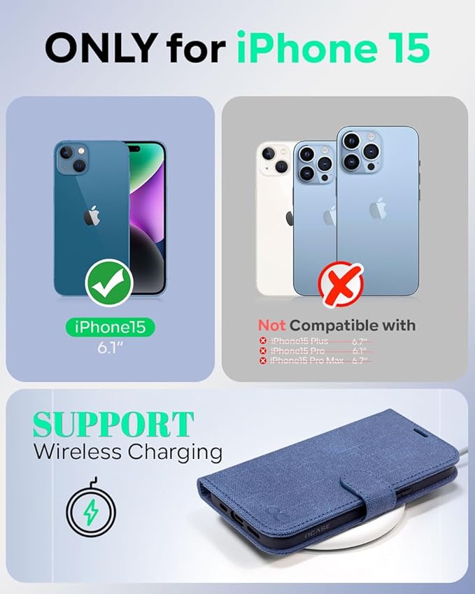 OCASE Compatible with iPhone 15 Wallet Case, PU Leather Flip Folio Case with Card Holders RFID Blocking Kickstand [Shockproof TPU Inner Shell] Phone Cover 6.1 Inch 2023, Denim Blue