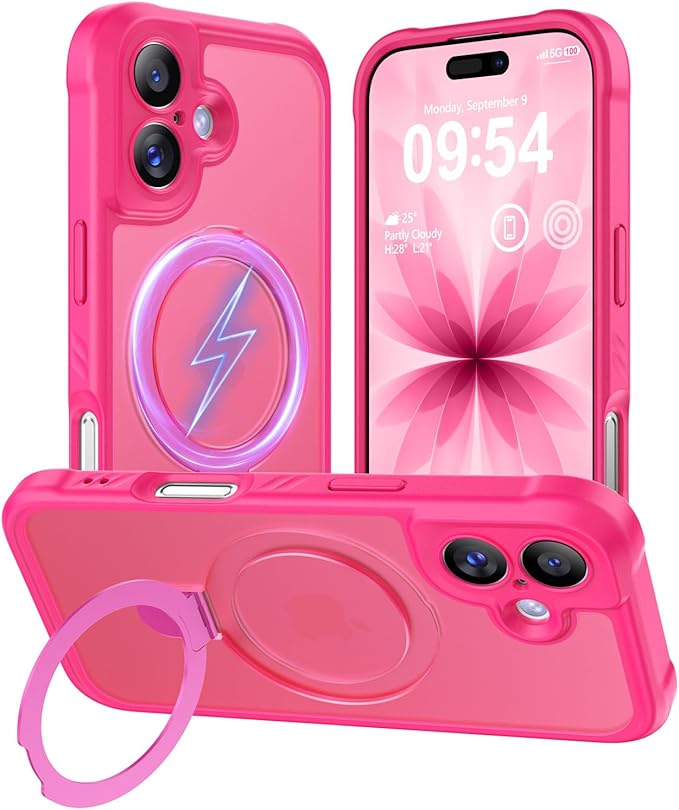 MOCCA Compatible with iPhone 17 Case with Magnetic Invisible Stand [Full Camera Protection] [Compatible with Magsafe] Military Drop Shockproof Translucent Matte Phone Case Cover 6.3",Hot Pink