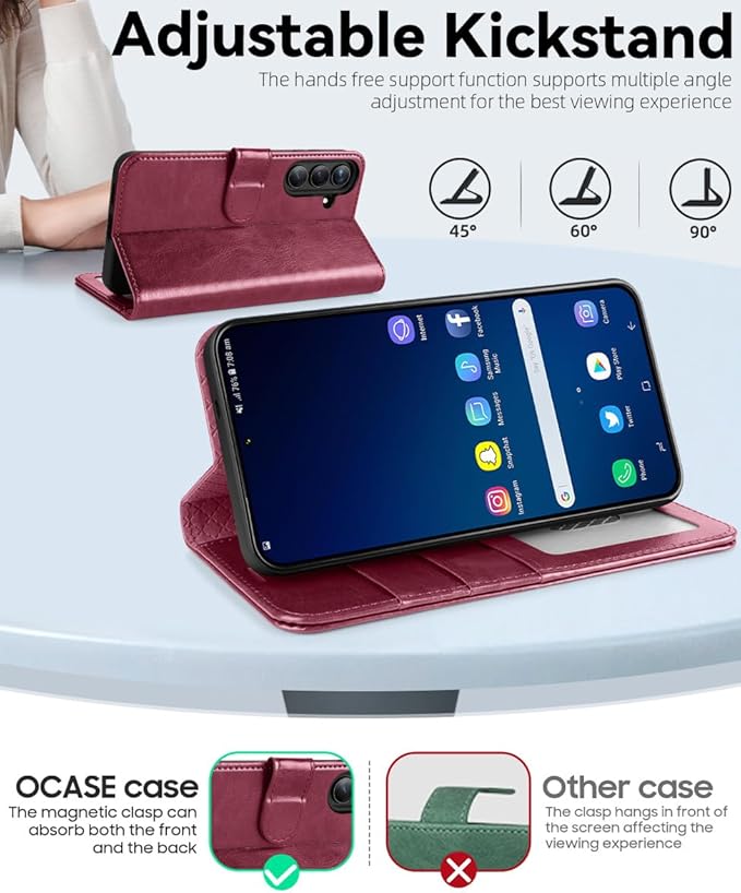 OCASE Compatible with Galaxy S25 Wallet Case, PU Leather Flip Folio Case with Card Holders RFID Blocking Kickstand [Shockproof TPU Inner Shell] Protective Phone Cover 6.2 Inch 2025, Burgundy