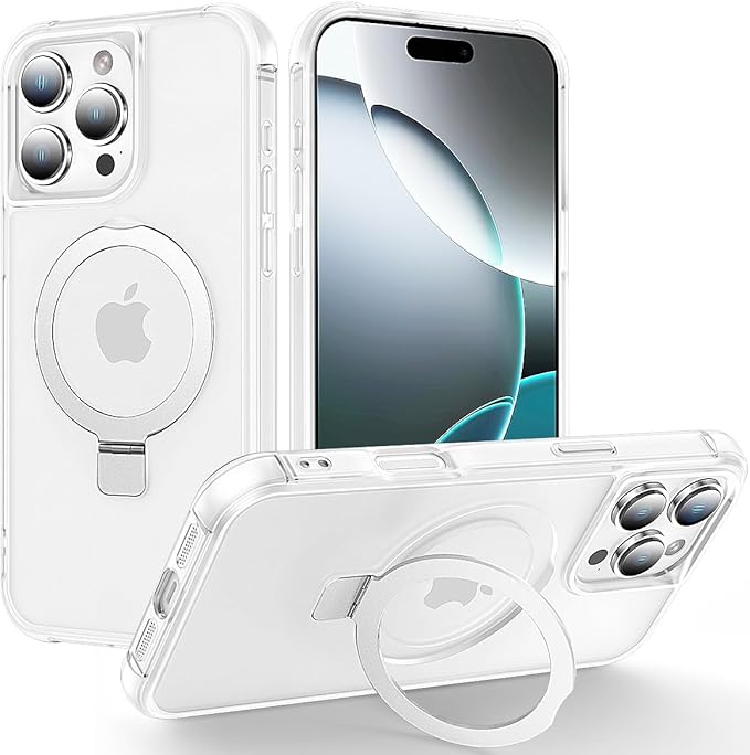 Magnetic Compatible with iPhone 16 Pro Max Case with Stand [Military Grade Drop Tested][Compatible with Magnet] Ring Translucent Slim Hard Back Soft Edge, Frost White