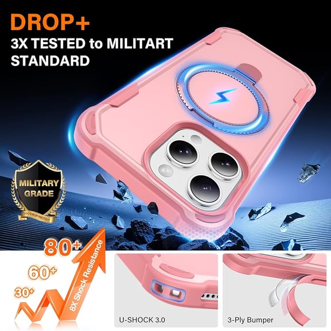 Designed for iPhone 15 Pro Case with Magnetic Stand [Military Drop Protection][Compatible with Magnet] Shockproof 15 Pro Phone Case with Ring Holder, Pink