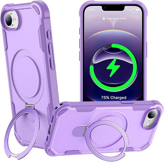 Designed for iPhone 16E Case with Magnetic Stand [Military Drop Protection][Compatible with Magnet] Shockproof 16E Phone Case with Ring Holder, Purple