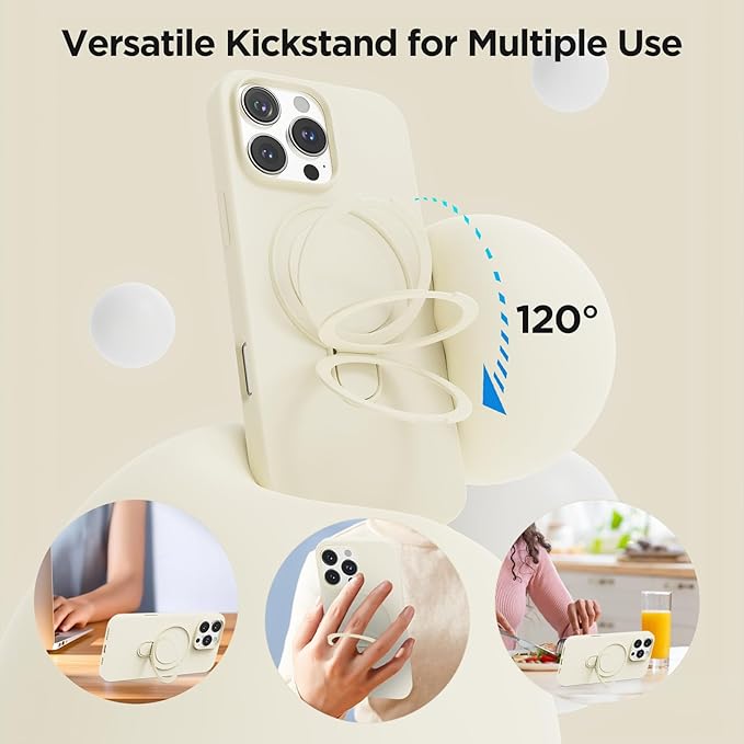 Magnetic Stand for iPhone16 Pro Case with Kickstand 【Lab-Certified Protection】【Not Yellowing】【Anti-Fingerprint】 Durable, Enhanced Grip, Slim，Antique White，iPhone 16 Pro 6.3"