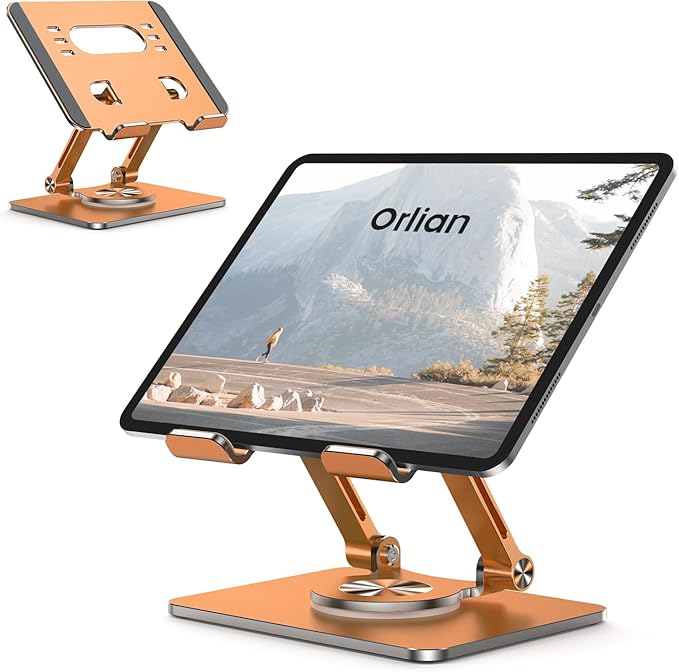 Tablet Stand Holder with Thickened 360°Rotating Base Dual Rod Adjustable Aluminum Stand for All 5.8-12.9” iPad Samsung Phone Tablet Kindle E-Reader and More, Rose
