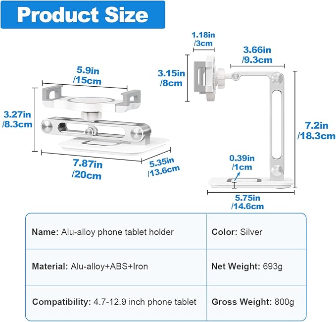Tablet Stand,Phone Stand,Adjustable Height and Angle Folding Aluminum,Suitable for Desktop use, Compatible with 4.7-12.9" Tablet,Phone,iPads & More,VC-Z1718(1Packs,Silvery)