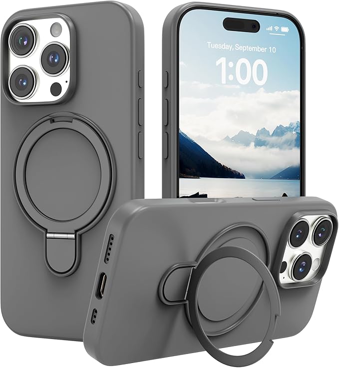 Magnetic Stand for iPhone16 Pro Case with Kickstand 【Lab-Certified Protection】【Not Yellowing】【Anti-Fingerprint】 Durable, Enhanced Grip, Slim，Gray，iPhone 16 Pro 6.3"