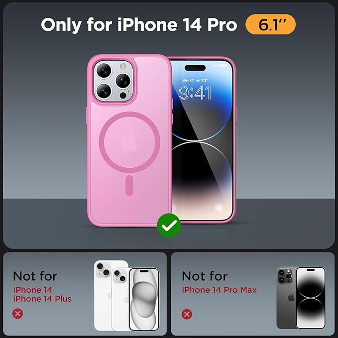 Miracase Magnetic for iPhone 14 Pro Case 6.1 inch (Compatible with MagSafe)（with 2X Screen Protectors） Military-Grade Protection, Anti-Fingerprint Translucent Matte Phone Case Cover, Mes Pink