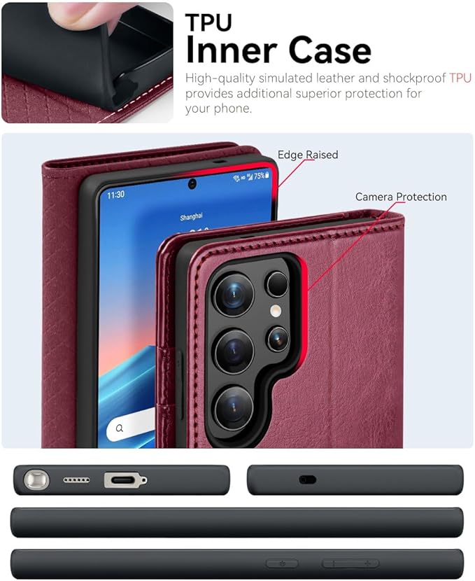 OCASE Compatible with Galaxy S25 Ultra Wallet Case, PU Leather Flip Folio Case with Card Holders RFID Blocking Kickstand [Shockproof TPU Inner Shell] Protective Phone Cover 2025, Burgundy