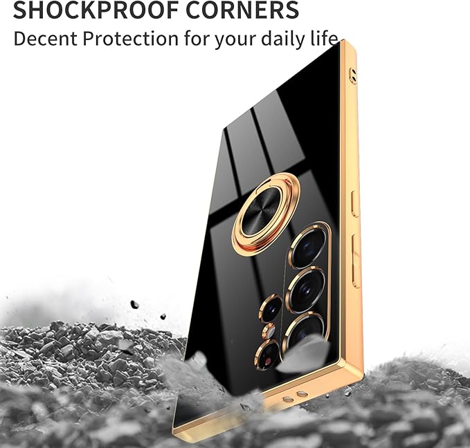 Dinick Black for Samsung Galaxy S24 Ultra Case with Ring Holder Kickstand [with Magnetic] Soft TPU Bumper, Glitter Gold Electroplated Cover Slim Thin Protective Phone Case for Galaxy S24 Ultra