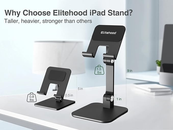 elitehood Aluminum iPad Stand for Desk [Ultra-Stable & Sturdy], Height Adjustable Tablet Stand, Portable Tablet Holder Dock for Home Office, Compatible with iPad Pro 12.9, iPad Air Mini 6 5 4 3, Black