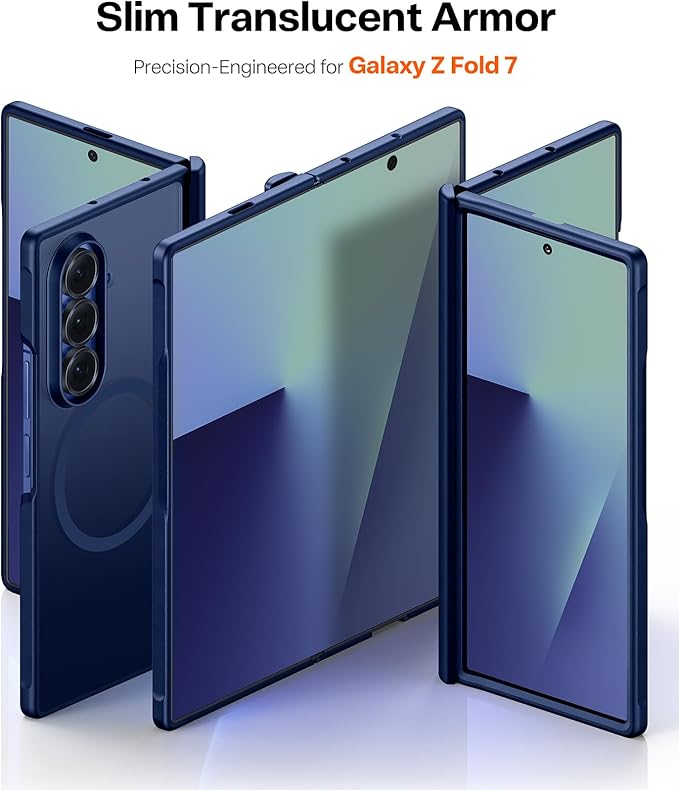 TORRAS Upgraded Magnetic Shockproof for Samsung Galaxy Z Fold 7 Case with Screen Protector, Fit for Magnetic, 4X Military Grade Hinge Protection, Translucent Slim Case for Samsung Z Fold 7, Blue