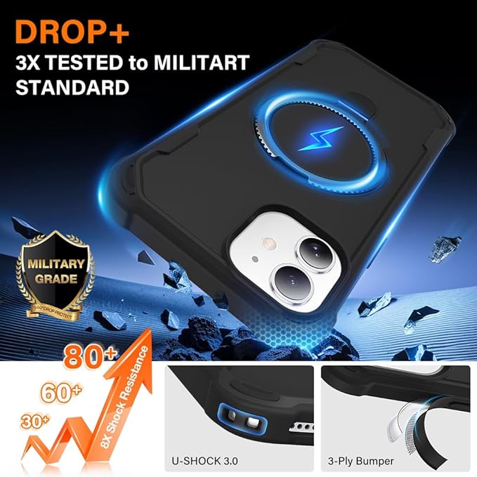 Designed for iPhone 12 & 12 Pro Case with Magnetic Stand [Military Drop Protection][Compatible with Magnet] Shockproof 12 & 12 Pro Phone Case with Ring Holder, Black