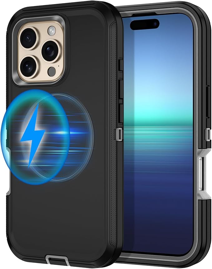 for iPhone 16 Pro Case [Compatible with MagSafe] Shockproof 3-Layer Full Body Protection [Without Screen Protector] Rugged Heavy Duty Cover Case for Apple iPhone 16 Pro 6.3",Black/Grey