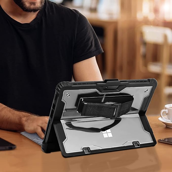 Surface Pro 8 Case, Crystal Clear Multi-Angle Heavy Duty Rugged Shockproof Cover with Shoulder Strap, Hand Strap, Stylus Pen Holder, Compatible with Keyboard