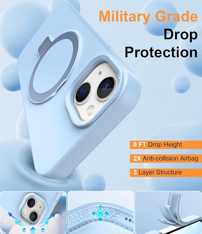 ZHK Liquid Silicone Designed for iPhone 13/14 Case with Magnet Stand, [Mil-Grade Drop Shockproof][Soft Anti-Scratch Microfiber Lining] Slim Fit Cover,Baby Blue