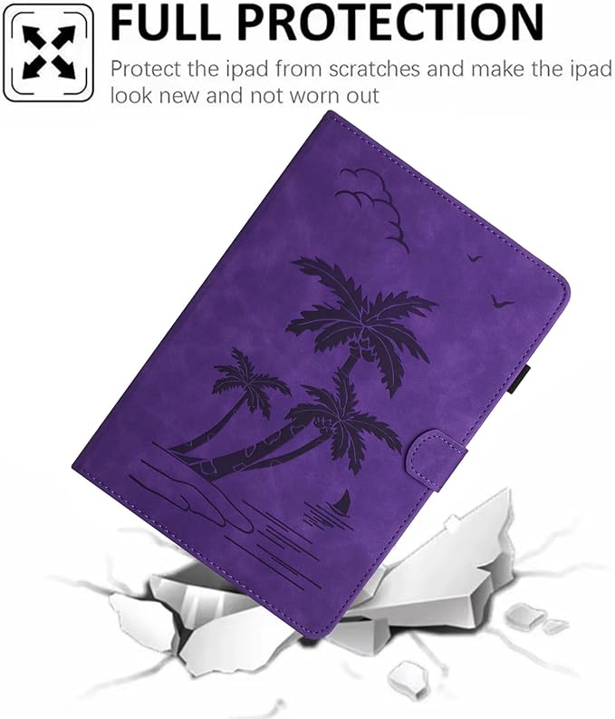 Case for Samsung Galaxy Tab A9 Plus 11 Inch 2023 2024 SM-X210/X216/X218， PU Suede Leather Stand，Coconut Tree Embossed Cover for Galaxy Tab A9+/A9 Plus, with Card Holder & Auto Sleep/Wake,Purple