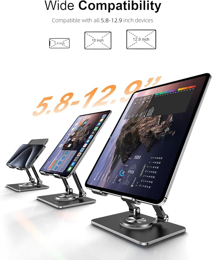 Tablet Stand Holder with Thickened 360°Rotating Base Dual Rod Adjustable Aluminum Stand for All 5.8-12.9” iPad Samsung Phone Tablet Kindle E-Reader and More, Black