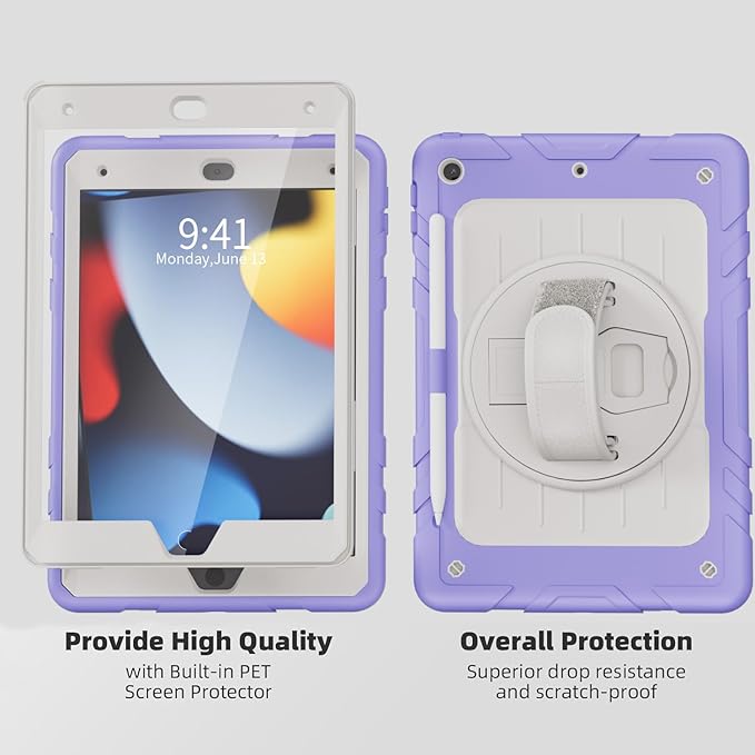 Case for iPad 9th/8th/7th Generation-Built-in Screen Protector,with Pencil Holder&360°Rotating Hand Strap,Shoulder Strap,Case for iPad 10.2 inch 2021-2019(Purple/Beige)