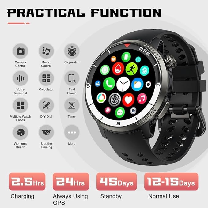 Military Smart Watch(Answer/Make Call), GPS Smartwatch for Men Women, 1.43" HD AMOLED Display, Fitness Activity Tracke with 170+ Sport Modes, 5 ATM Water-Resistance, Stress, Heart Rate, Sleep Monitor
