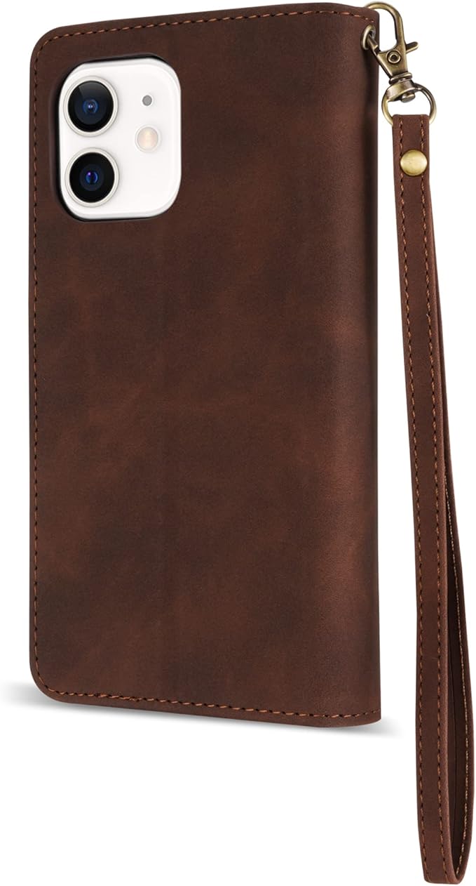 ZZXX for iPhone 12 Mini Wallet Case with Card Slot Premium Soft PU Leather Zipper Flip Folio Wallet with Wrist Strap Kickstand Protective for iPhone 12 Mini Case Wallet(Coffee 5.4 inch)