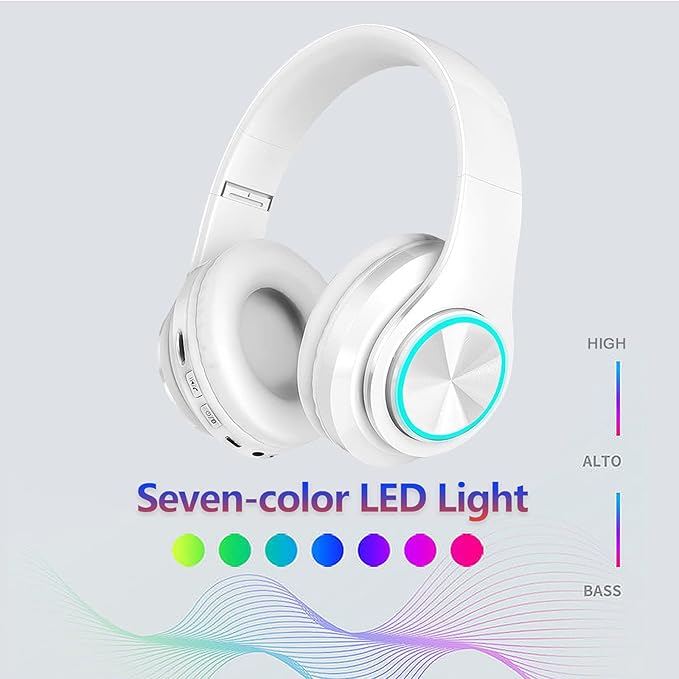 Wireless Bluetooth Headphones with Colorful LED Lights, Built-in Mic, Light Weight, Foldable, Wired HiFi Stereo Headphones for Classroom/Home Office/PC/Mobile Phone/Kids Adult (White)
