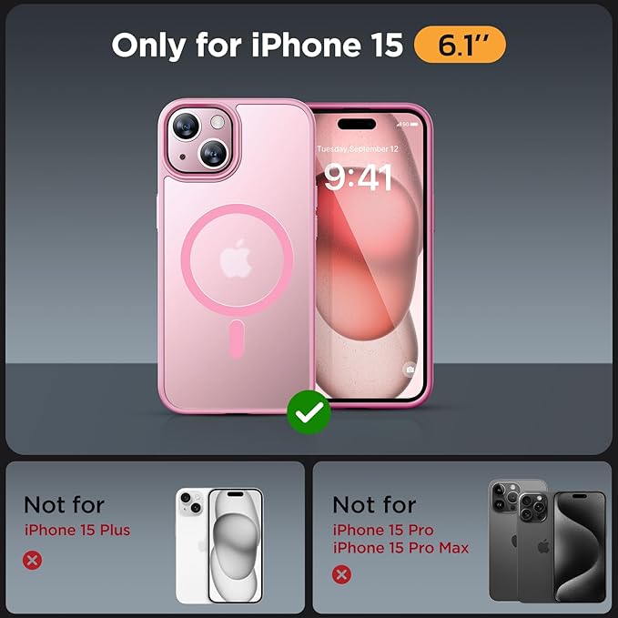 Miracase Magnetic for iPhone 15 Case (Compatible with MagSafe)（with 2X Screen Protectors） Military-Grade Protection, Anti-Fingerprint Translucent Matte Phone Cover for iPhone 15 6.1 inch, Mes Pink