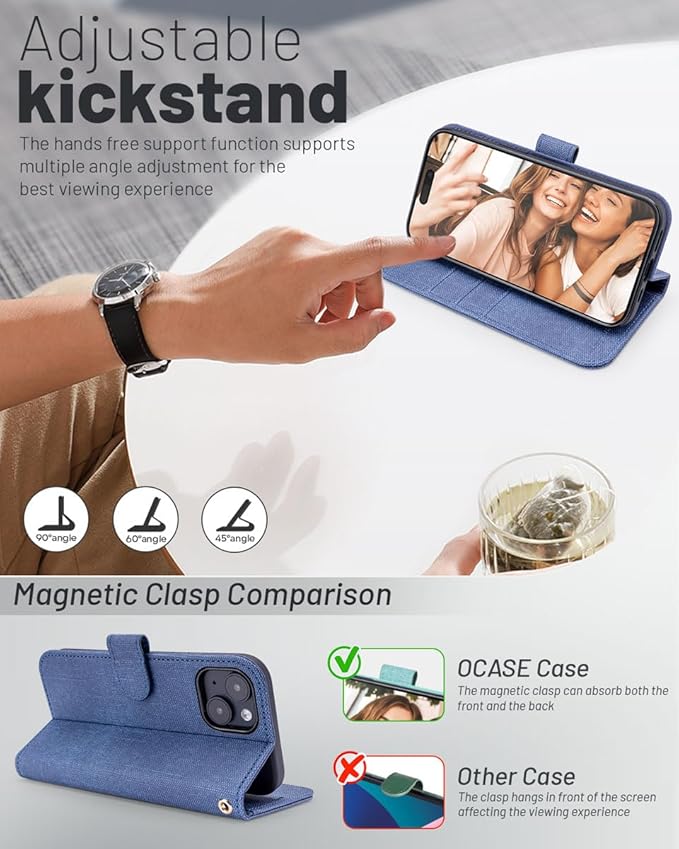 OCASE Compatible with iPhone 15 Wallet Case, PU Leather Flip Folio Case with Card Holders RFID Blocking Kickstand [Shockproof TPU Inner Shell] Phone Cover 6.1 Inch 2023, Denim Blue