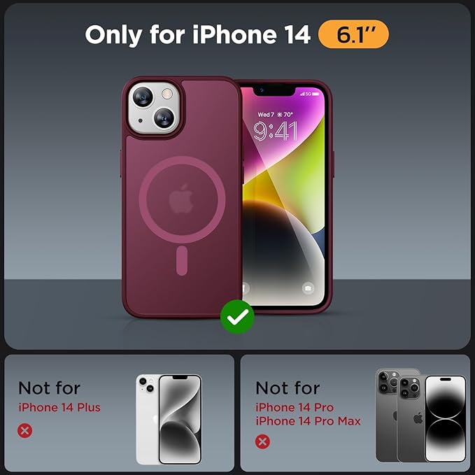Miracase Magnetic for iPhone 14 Case 6.1 inch (Compatible with MagSafe)（with 2X Screen Protectors） Military-Grade Protection, Anti-Fingerprint Translucent Matte Phone Case Cover, Wine Red