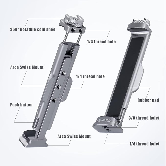 Metal Tablet Tripod Mount, 7.9-12.9in Ipad Holder, Rotatable Cold Shoe, 2 Acra Swiss QR Bracket, Universal Tablet Mount for Video Recording