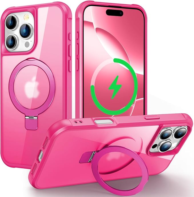 Magnetic Compatible with iPhone 16 Pro Max Case with Stand [Military Grade Drop Tested][Compatible with Magnet] Ring Translucent Slim Hard Back Soft Edge, Rose Red