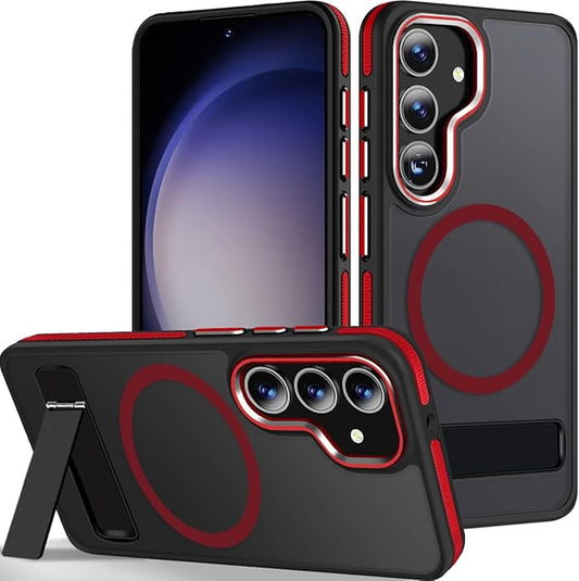 for Samsung Galaxy S24 Case, [Built-in Stand] Anti-Skid TPU Edge & Matte Translucent S24 Cover, Compatible with Magsafe, Slim Shockproof Magnetic Phone Case for S24 5G (Black/Red)