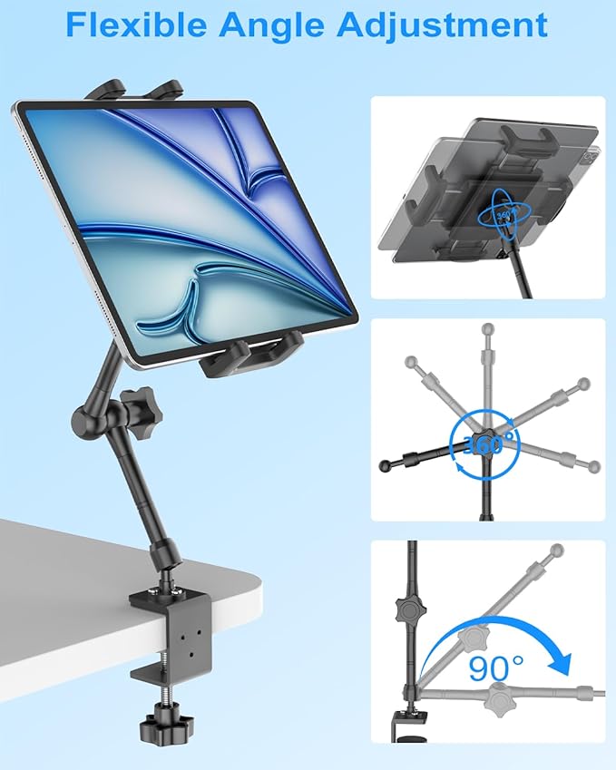 Metal Tablet Stand Holder for iPad, [Foldable Arm] Tablet Mount for Desk, Kitchen, Under Cabinet, Living, Cafe, Office, Compatible iPad mini, Air, Pro, Galaxy Tab/Z Fold, 4.7-16'' Device