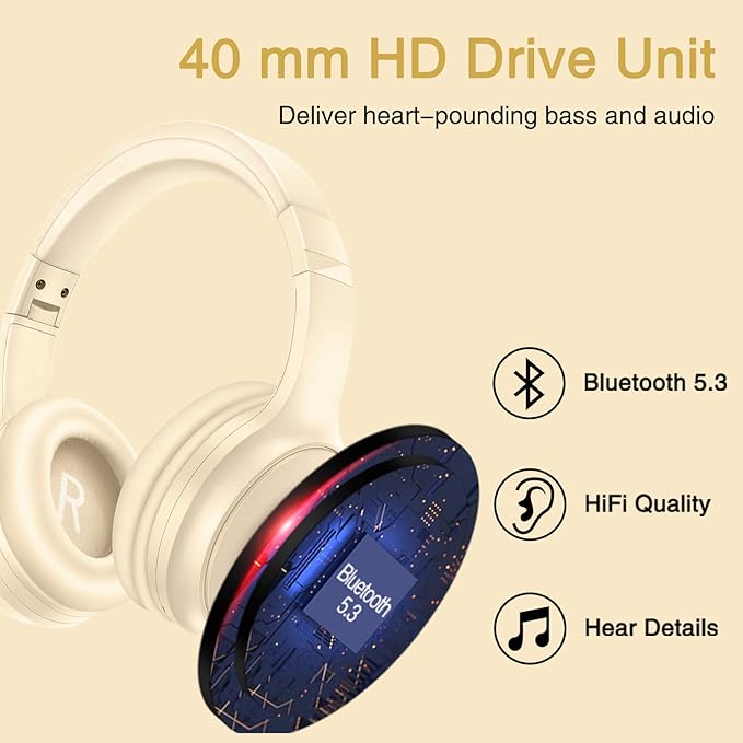 Bluetooth Active Noise Cancelling Headphones with Microphone, A10 Wireless Headset Over Ear, 20H+ Playtime, Bluetooth 5.3, Lightweight Wired Headphones for Tablet/PC - Beige